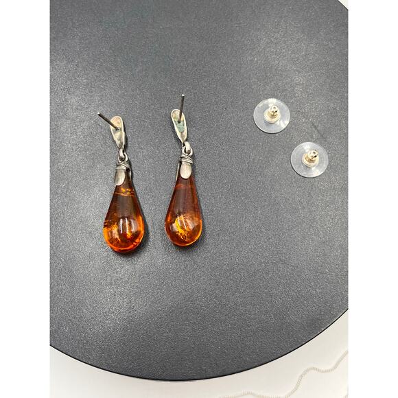 Sterling Silver Large Cognac Teardrop Baltic Amber Pierced Detailed Top Earrings - Picture 7 of 7